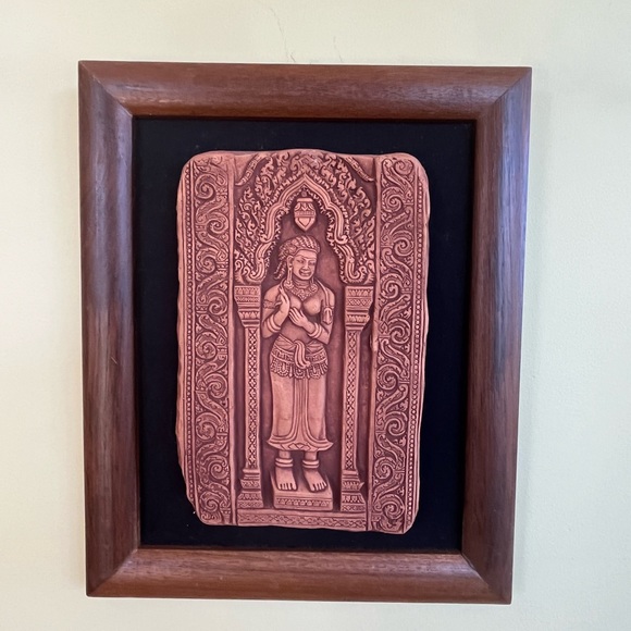 New Carved Apsara Radha Terracotta Textured Tile Panel Custom Frame 8.5" x 10.5" - Picture 4 of 6
